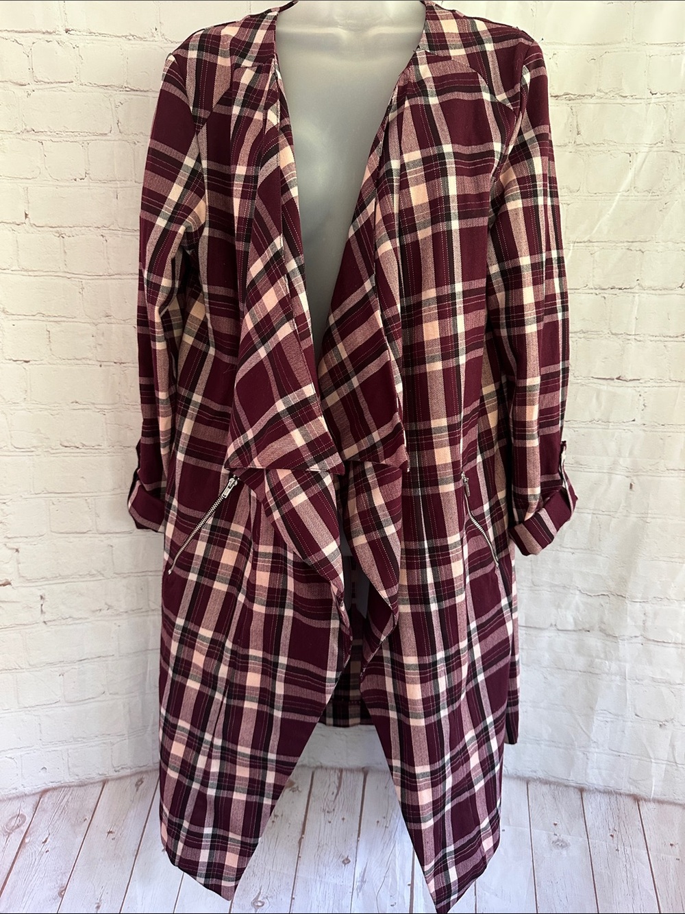 Design Lab From Lord & Taylor Burgundy Plaid Waterfall Open Front Jacket size L